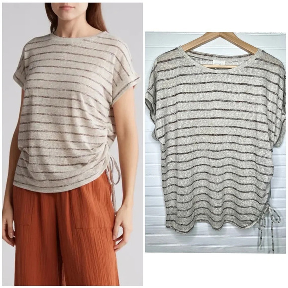 Caslon Beige Striped Short Sleeve Drawstring T-Shirt Size XS in Oatmeal - Picture 1 of 12